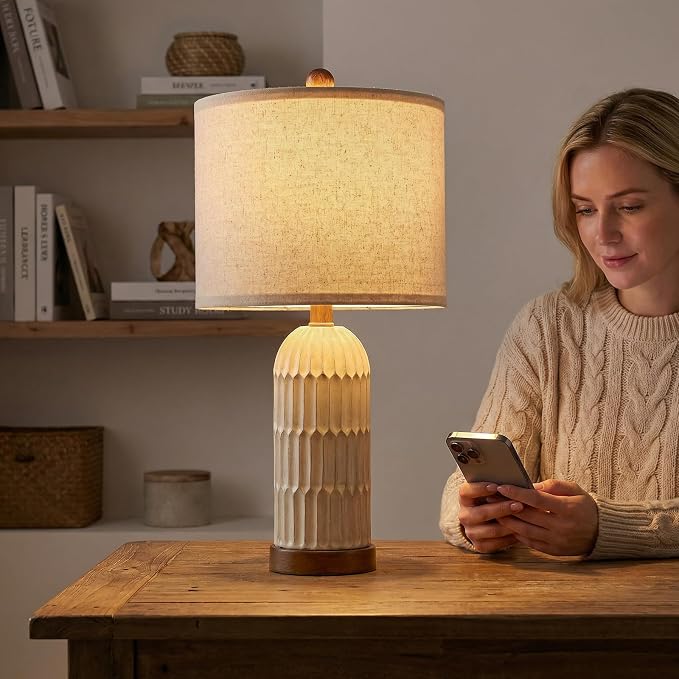 OYEARS 22" Bedside Table Lamps Set of 2, Farmhouse Lamp with USB A+C,Brown | Vintage Nightstand Lamp for Bedroom, Retro Design, Home Decor for living Room, Nursery, Home Office, End Side table
