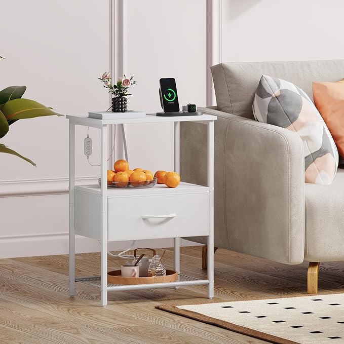 Somdot Nightstand with Charging Station & LED Light, Bedroom Bedside Table | Dorm, Guest Room, Kids Room, Laundry, Closet, Entryway and Hallway, White