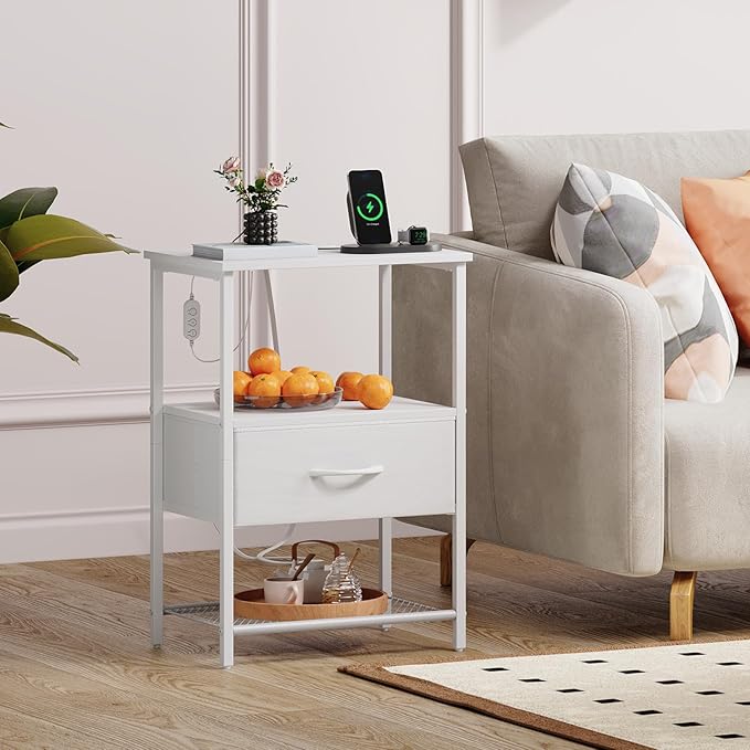 Somdot Nightstand Set of 2 with Charging Station & LED Light, Bedside Table | Dorm, Guest Room, Kids Room, Laundry, Closet, Entryway and Hallway, White