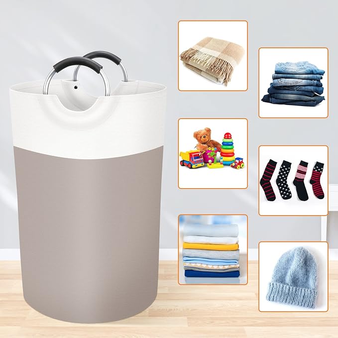 BlissTotes 75L Laundry Basket, Freestanding Collapsible Hamper, Brown | Collapsible Dirty Clothes Hamper, Foldable Laundry Bag for Dorm, Waterproof Fabric, Padded Aluminum Handles
