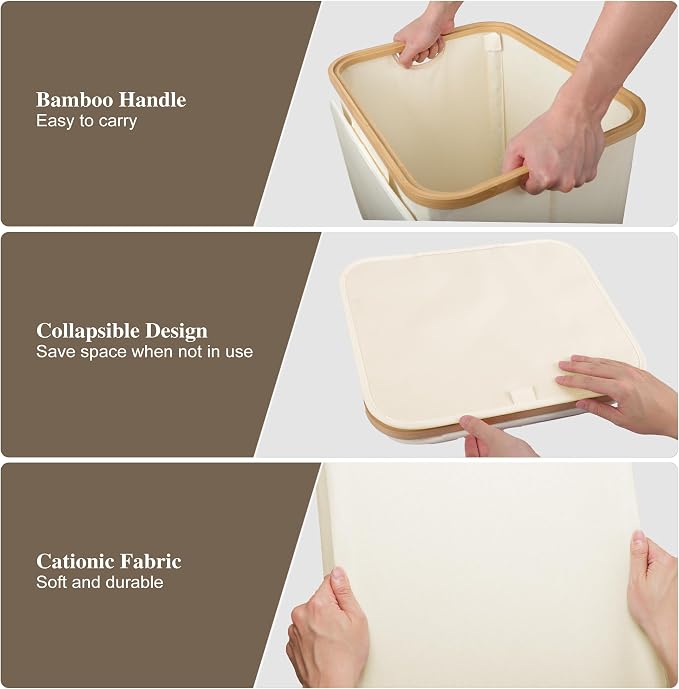 Foluck Large Laundry Hamper, 100L Waterproof Laundry Basket with Lid and Removable Bag, Collapsible Tall Clothes Hamper with Bamboo Handles for Clothes Toys in Dorm Bedroom Bathroom, Beige, ZYL101-W