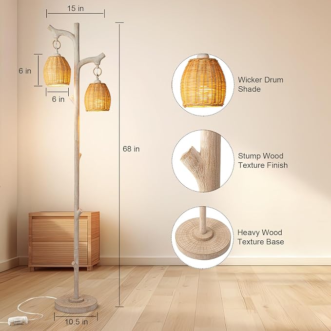 Scenekoy 68" Tall Floor Lamp with Wicker Drum Shade, Foot Switch Dimming | Tree Trunk Washed White Finish, Resin Farmhouse Rustic Standing Lamp with Bulb, Decor for Living Room Bedroom Reading Room
