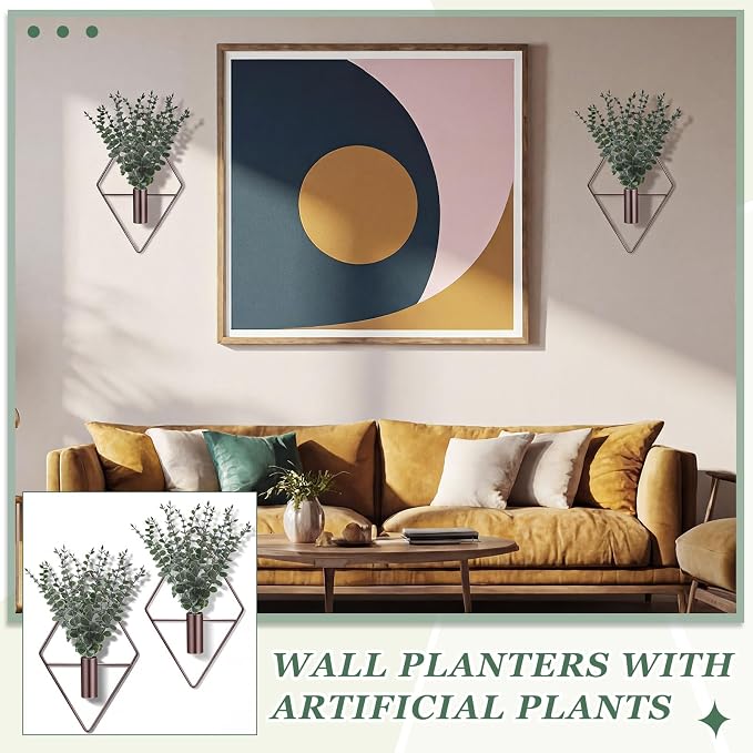 Jexine 4 Pcs Hanging Planters with Artificial Eucalyptus Metal Hanging Vase Indoor Plants Holder Modern Geometric Boho Bathroom Wall Decor for Living Room Home Office, Bronze