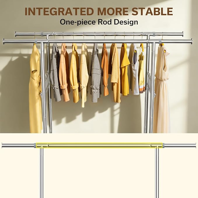 100% Stainless Steel Heavy Duty Clothes Rack Load 960LBS, Double Rod Clothing Rack for Hanging Clothes with Reinforced Rubber Rings, Extendable Rolling Garment Racks W/ Portable Wheel & Sturdy Shelves