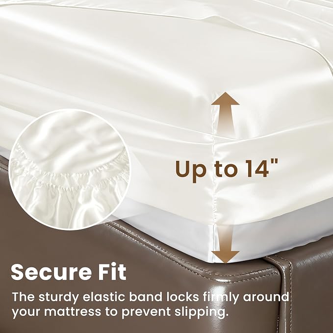 Love's cabin California King Satin Sheet Sets - 4 Piece Ivory Silky Sheets Bed Set with Deep Pocket, Luxury Silk Feel Satin Cal King Sheet Set (1 Flat Sheet,1 Fitted Sheet,2 Pillow Cases)