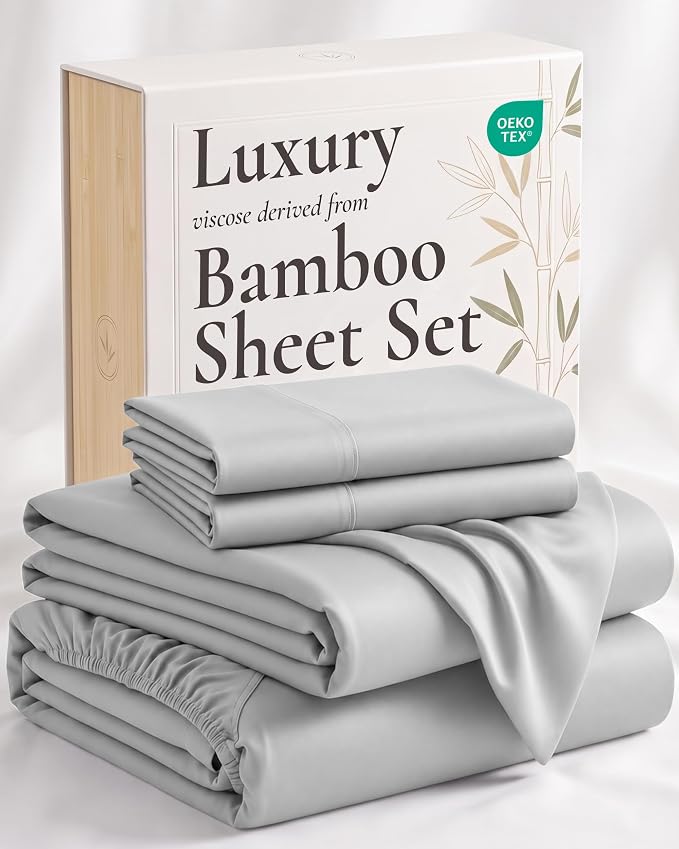 Hotel Sheets Direct 4 Piece Bed Sheet Set Queen Size, 100% Viscose Derived from Bamboo Sheets Set with 2 Pillowcases, Cooling & Breathable Luxury Bedding, Moisture-Wicking & Silky Soft Texture, Gray