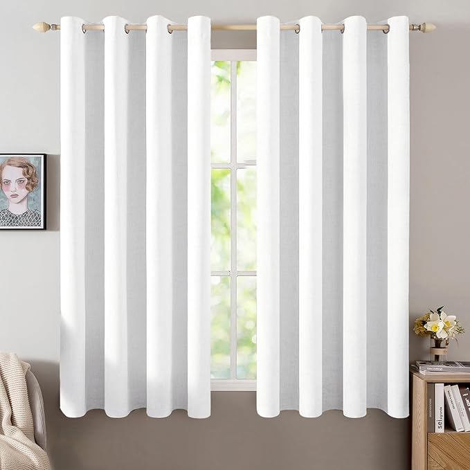 MIULEE 100% Blackout Linen Curtains for Bedroom 52x45 Inches Bright White | Room Darkening, Light Blocking, Thermal Insulated, Grommet Top, Linen Textured, Window Curtains for Living Room, 2 Panels
