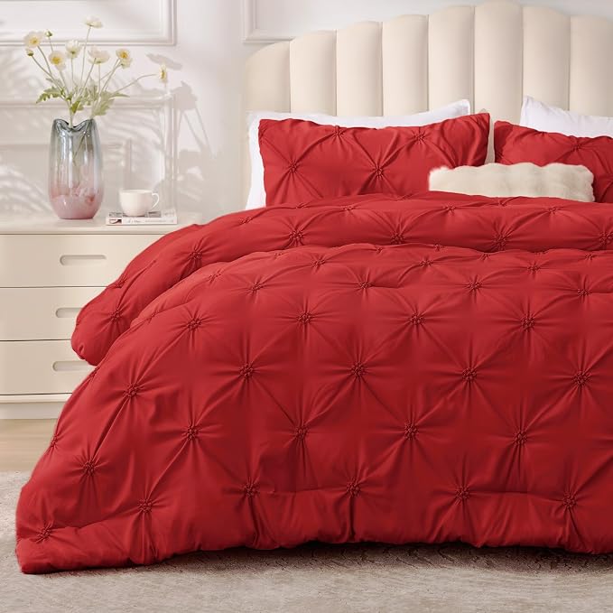 BEDELITE Queen Comforter Set Rose Red,Lightweight & Soft Comforter | Pintuck Boho Bedding, Warm & Cute Bed Set for All Season,With 2 Pillowcases