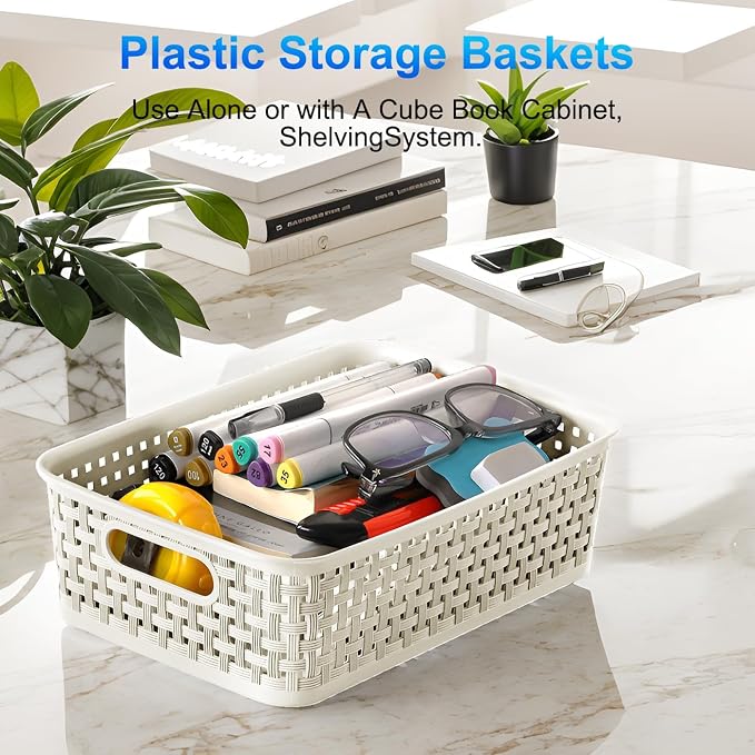 FUCDTEFC White Plastic Basket, 8 Pack Home Organization and Storage Baskets with Handles, Space Saving Woven Organizer Bins Plastic Storage Basket for Organizing Cabinets,Closets, Shelves, Countertops | Space Saving, Woven Organizer, Plastic Bins, Stor...