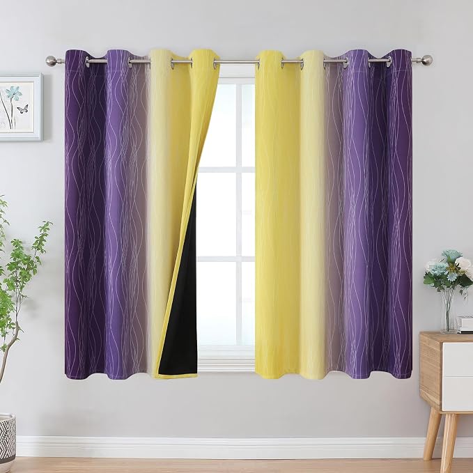 Yellow and Purple Ombre Blackout Curtains for Bedroom 45 Inches Long | Estelar Textiler Light Blocking Curtains for Short Window,Thermal Insulated,Room Darkening Grommet Drapes,52Wx45L,2 Panels