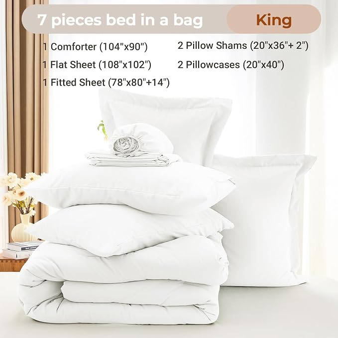 7 Pieces King Comforter Set, Soft Bed in a Bag King Size, All Season Bedding Set with Comforter, Flat Sheet, Fitted Sheet, Pillowcases & Shams, White