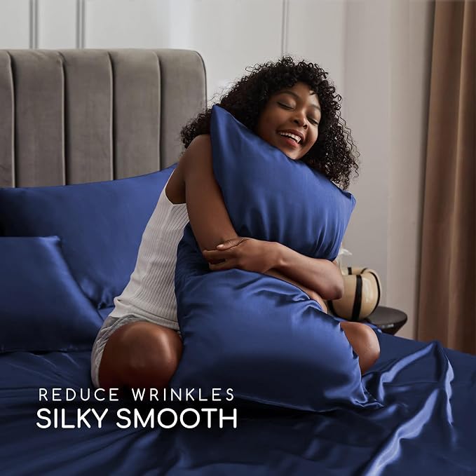 MR&HM Satin Sheets Full Size with Elastic Corner Straps, Navy Blue | Similar to Silk, 4-Piece Silky Soft Bed Sheet Set, Gentle on Skin and Hair, 15" Deep Pocket, Cooling & Breathable