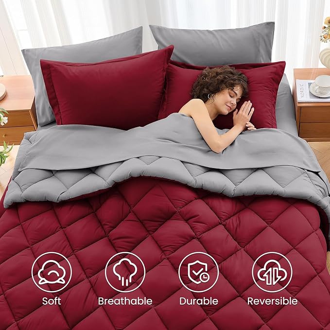 7 Pieces King Comforter Set, Reversible Bed in a Bag King Size, All Season Bedding Set with Comforter, Flat Sheet, Fitted Sheet, Pillowcases & Shams, Burgundy & Grey