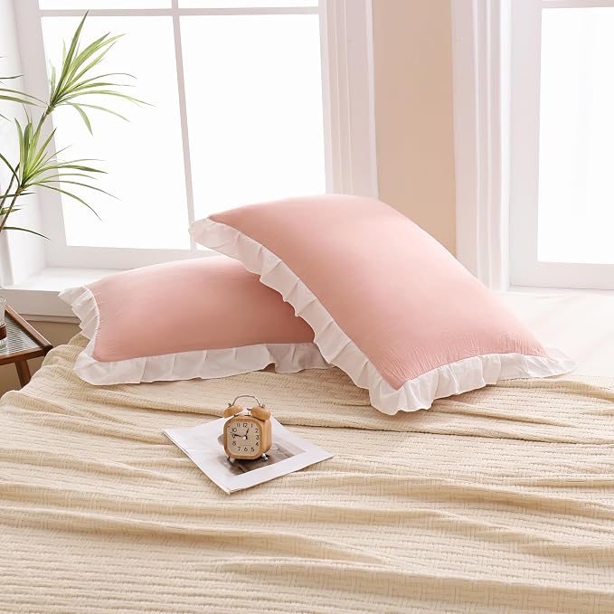 Merryword Pink Pillow Shams Pink and White Reversible King Pillowcases Cute Pillow Cover Set of 2 Soft Shabby Chic Ruffled Pillowcases 2 Pack (King (20''x36''), Pink White)