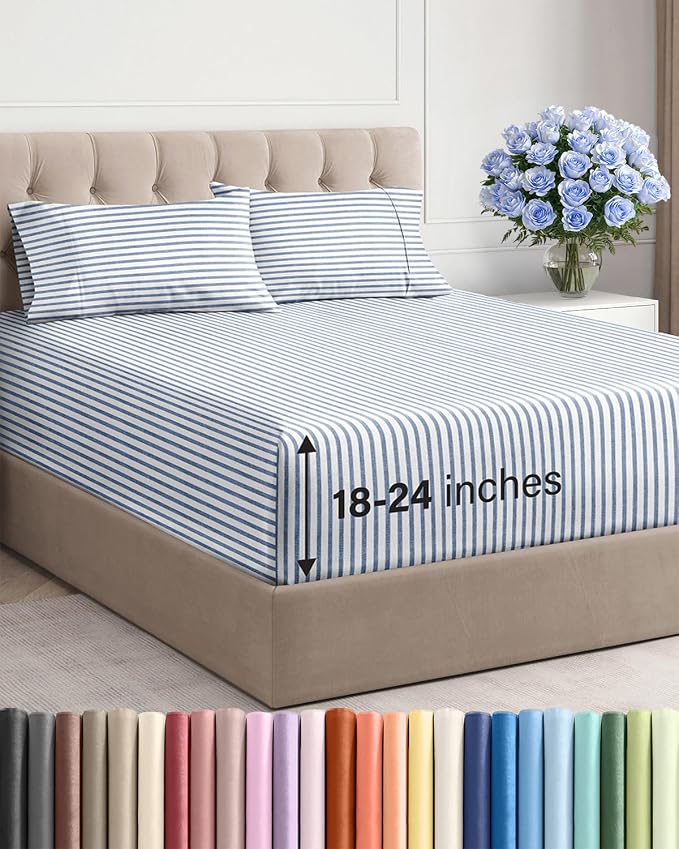Extra Deep Twin Sheet Set - 4 Piece Breathable & Cooling - Blue Stripes | Hotel Luxury Bed Sheets Set, Easy & Secure Fit, Ultra-Soft, Wrinkle & Fade Free, Comfy Sheets Set with Extra Deep Pockets