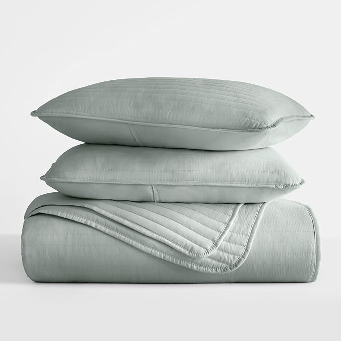 Merit Linens Modern Quilt Coverlet Soft Set in Stripe Stitching - Full/Queen Eucalyptus