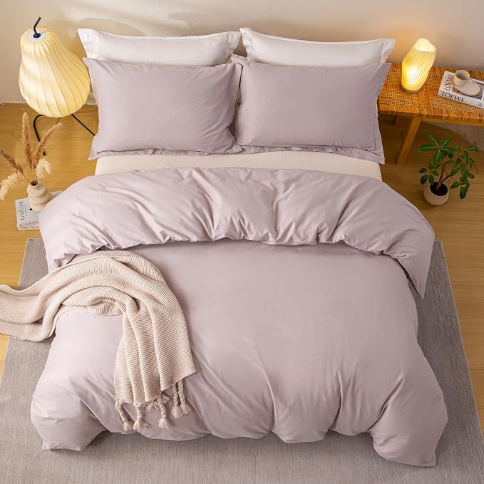 OAITE Duvet Cover Set 100% Washed Cotton Solid 3pcs | Soft,Durable,Long-staple Cotton,Hidden Zipper with 8 Interior Corner Ties,2 Pillowcases