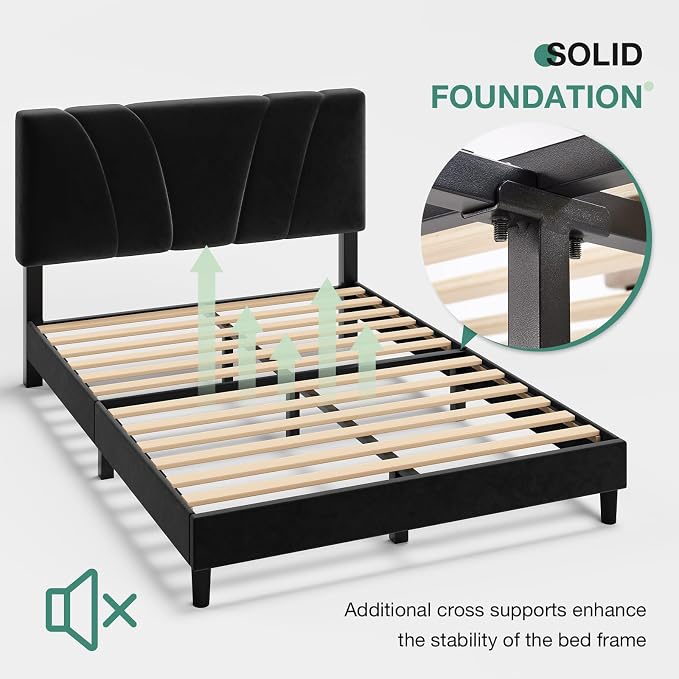Novilla Queen Bed Frame, Queen Size Bed Frame with Wooden Slats Support, Velvet Upholstered Headboard, No Box Spring Needed, Heavy Duty Feet, Easy Assembly, Black Velvet