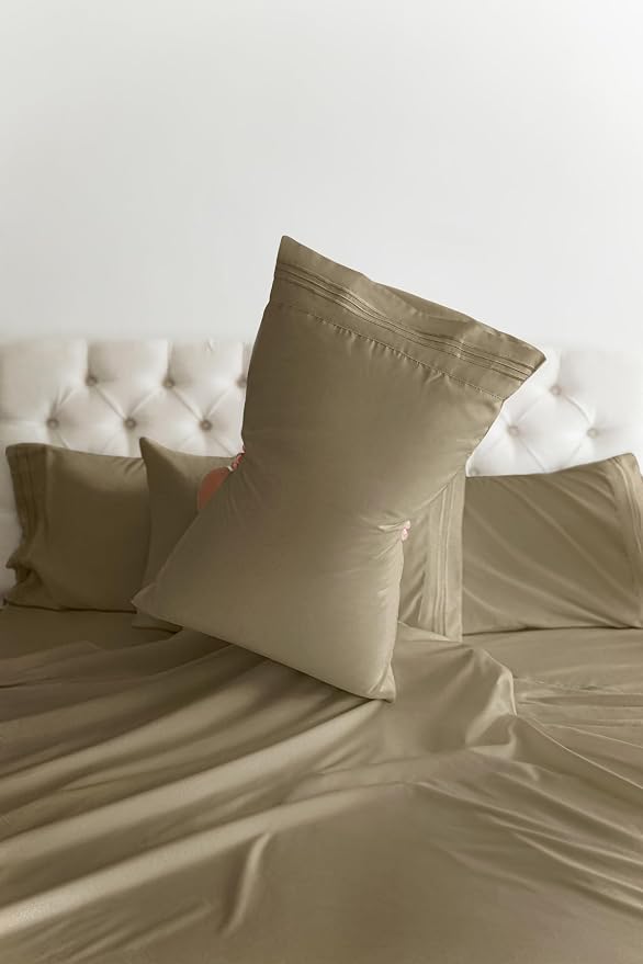 Full 6 Piece Bed Sheet Set - Comfy, Breathable & Cooling Sheets - Khaki | Ultra-Soft Hotel Luxury Bedding Set with 8-16 Inch Deep Pockets, 1 Flat & 1 Fitted Sheet & 4 Pillowcases, Wrinkle & Fade Free