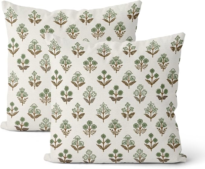 Sage Green Brown Pillow Covers 18x18 Inch 2 Pcs Block Print Vintage Floral Decor Throw Pillows Boho Flower Spring Summer Outdoor Seasonal Decoration Pillowcase Linen Cushion Cover for Couch