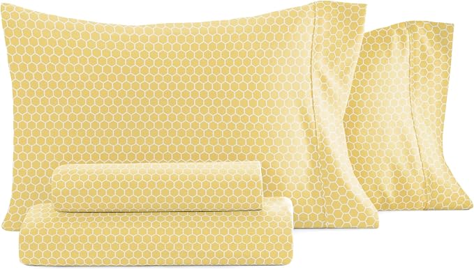 Linen Market Patterned Microfiber King Sheet Set 4 Piece – Oeko-TEX Certified Ultra Soft & Wrinkle-Free - 16" Deep Pocket Sheets - Easy Care King Size - Honeycomb Yellow