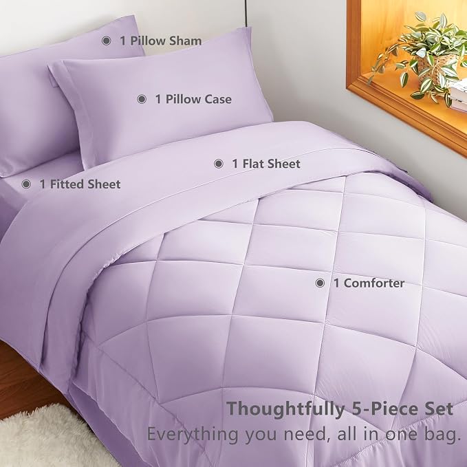 Twin XL Comforter Set with Sheets Lavender - 5 Pieces Bed in a Bag | College Dorm Essentials, OEKO-TEX Certified, All Season, 240GSM Down-Alternative Comforter, Sheets, Pillowcase & Sham