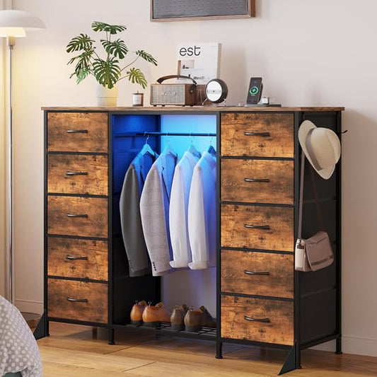 LUMTOK 55"W Dresser with Hanging Rack,10 Fabric drawers & Hooks for Bedroom | Rustic Brown 10 Drawers Dresser with LED Lights, Charging Station,chest of drawers with wooden top for clothing storage