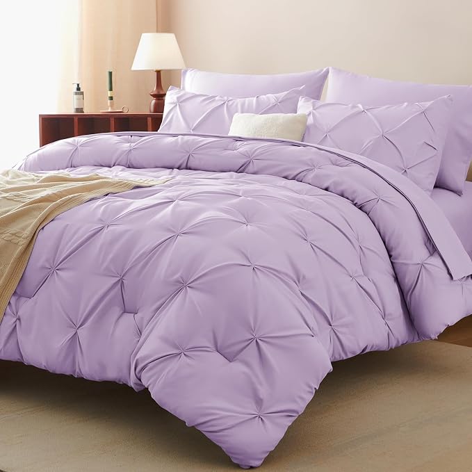 HIMEET King Size Comforter Set Lavender - 7 Pieces Pintuck Bed in a Bag | OEKO-TEX Certified, 240GSM Down Alternative Comforter, 14" Deep Pocket Fitted Sheet + Flat Sheet + 2 Pillowcases + 2 Shams