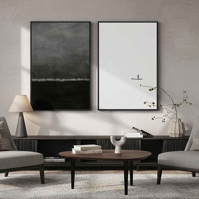 Framed Black and White Abstract Wall Art for Living Room Set of 2, 24x36 In | Seascape, Canvas prints, Black gray tones, Modern paintings, Minimalist pictures, Wood frame, Bedroom, Dining room wall decor