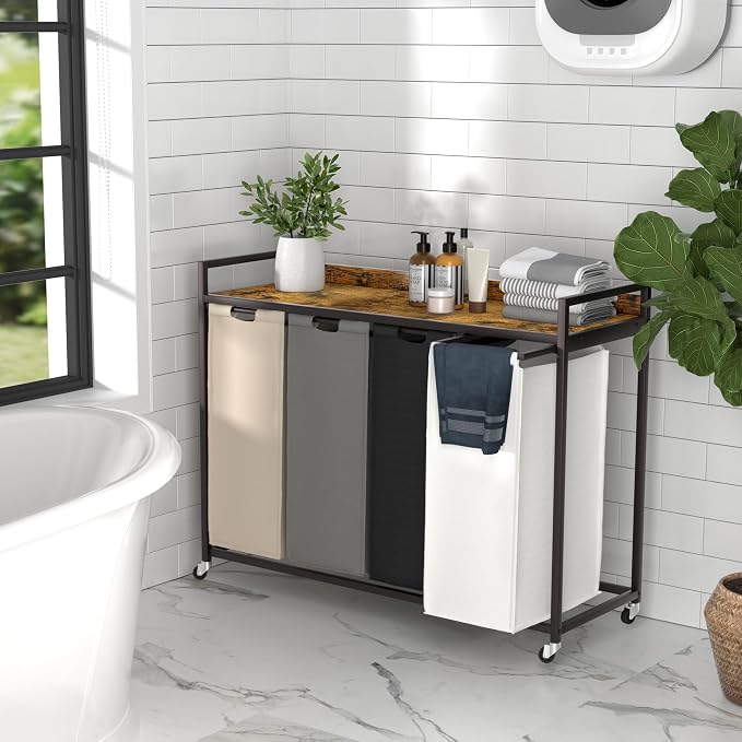 Herture Laundry Hamper with Shelf, Laundry Basket 4 Section, Laundry Sorter with Pull-Out Removable Large 4 Color Bags and Movable Wheels, Metal Frame, 4 x 15.87 Gallons (60L), Rustic Brown PF07XLN