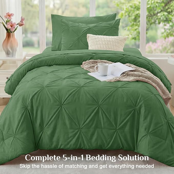 JOLLYVOGUE Twin Comforter Set 5 Pieces - Bed in a Bag Twin for All Season, Pintuck Bedding Comforter Sets with Comforter, Flat Sheet, Fitted Sheet and Pillowcases & Shams, Green