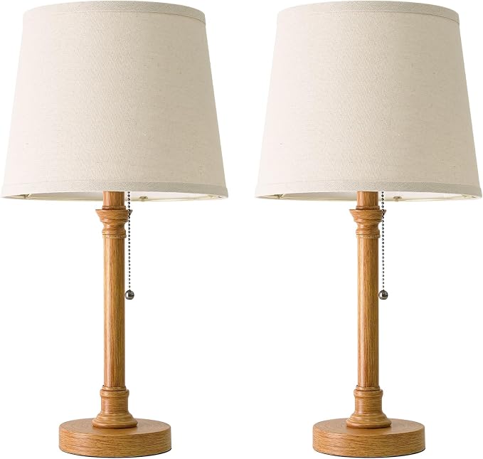 19.5" Wood Grain Rustic Table Lamps Set of 2 for Living Room Bedroom | Pull Chain Switch Bedside Table Lamps, White Linen Shade, Small Desk Lamp for Living Room, Bedroom, Home Office, Nursery