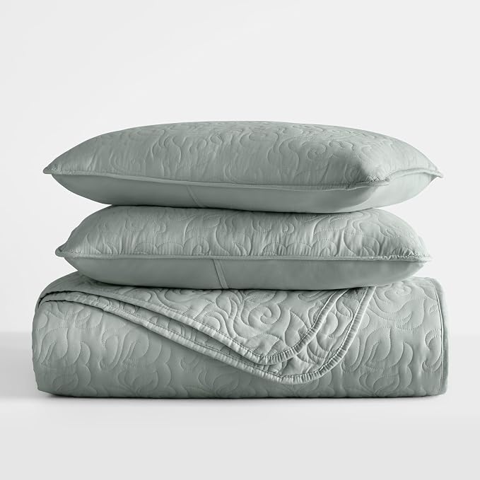 Merit Linens Modern Quilt Coverlet Soft Set in Floral Stitching - King/Cal-King Eucalyptus