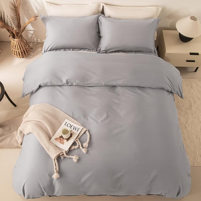 OAITE Duvet Cover Set 100% Washed Cotton Solid 3pcs | Soft,Durable,Long-staple Cotton,Hidden Zipper with 8 Interior Corner Ties,2 Pillowcases