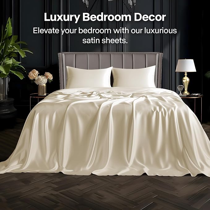 BEDELITE Satin Sheets California King Size Bed Set, Beige, 4 Pieces | Luxury Silky Bed Sheets, 15 Inch Deep Pocket, Similar to Silk, Soft and Cooling, Reduces Friction, Gentle on Hair and Skin