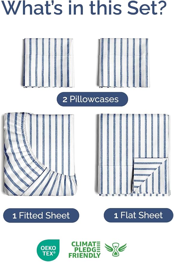 Extra Deep Twin Sheet Set - 4 Piece Breathable & Cooling - Blue Stripes | Hotel Luxury Bed Sheets Set, Easy & Secure Fit, Ultra-Soft, Wrinkle & Fade Free, Comfy Sheets Set with Extra Deep Pockets