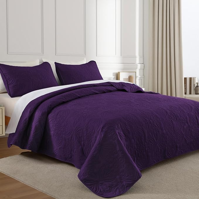 Whale Flotilla Twin Quilt Bedding Set Vintage Damask Reversible Bedspread | Suitable for Bed, 2 Pieces Purple Lightweight Breathable Quilts Twin Size, Ultrasonic Coverlet Bed Cover with 1 Pillow Sham