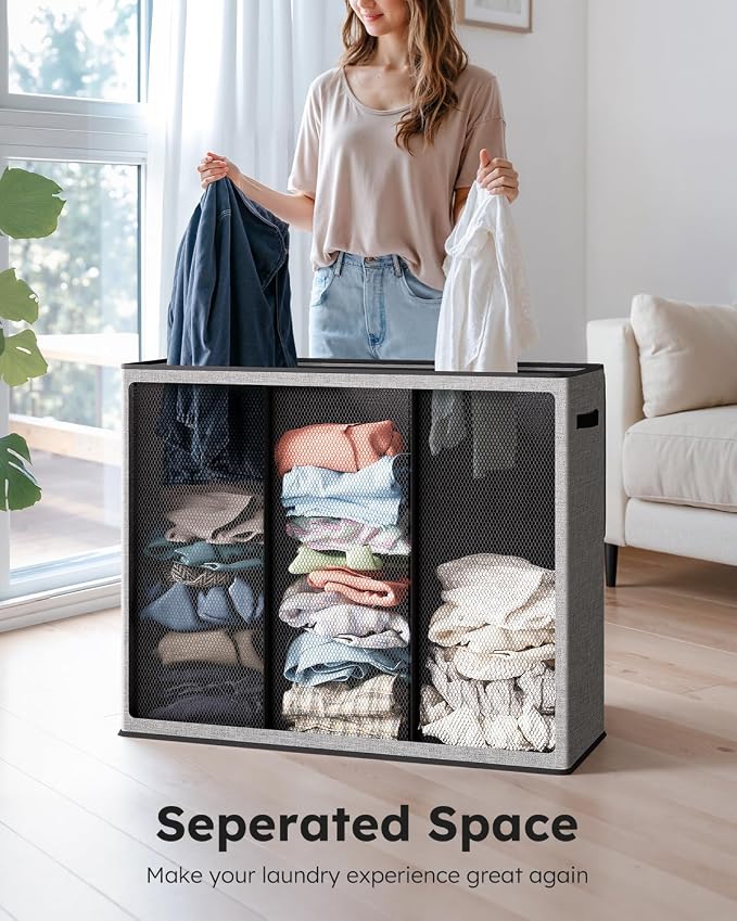 SOLEDI Large Laundry hamper 3 Section with Laundry Bag, XL Clothes Basket | 3-Section Large capacity Laundry Sorter with Odor-Blocking Lid, Robust Iron Frame & Waterproof 600D Fabric, 3 Washable Bags
