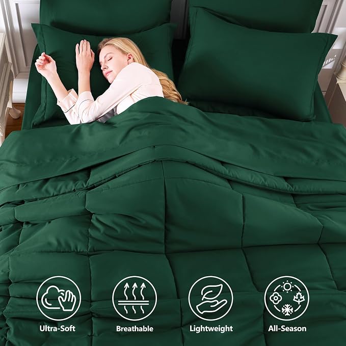 Full Size Comforter Sets, 7-Piece Bed in a Bag, Emerald Green | OEKO-TEX Certified, Box-Stitched Design, 240 GSM Down Alternative Fill, All-Season Comfort, Sheets, Pillowcases & Shams