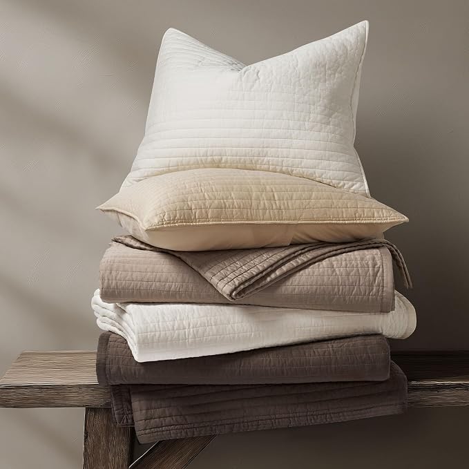 EVERGRACEHOME Cotton Sateen Quilt Set, Queen Size, Mocha Brown | 100% Cotton, Channel Stitch Coverlet Bedspread, Pre-Washed Lightweight Soft Bedding Set for All Season, 3 Piece, with 2 Shams