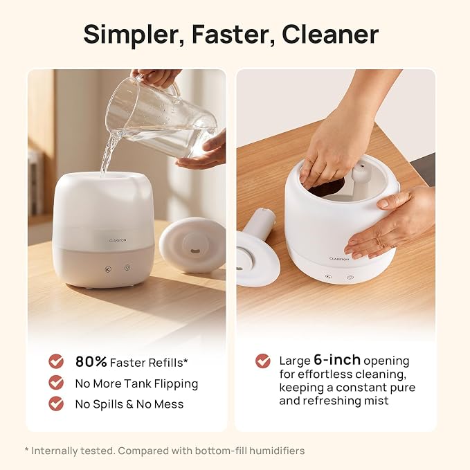 Clarston Humidifiers for Bedroom, 2L Cool Mist Humidifier, 24dB Quiet Sleep | 25H Runtime, Easy to Top Fill & Clean, Humidification for Baby Nursery & Plant, 360° Nozzle for Large Room, Nightlight,No BPA