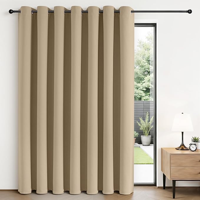 Joydeco Blackout Patio Sliding Door Curtains, Privacy Room Divider Curtains | Extra Wide Thermal Blackout Curtains for Bedroom Living Room, Curtain for Patio Door (Light Beige, 100Wx96L, 1 Panel)