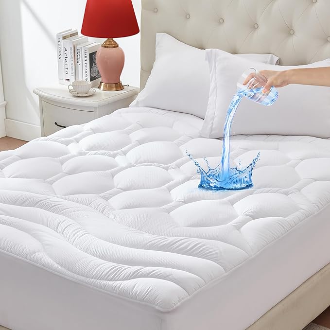 ELVEN HOME Queen Size Mattress Pad Waterproof, Pillow Top Cooling Mattress Topper Cover, Quilted Fitted Mattress Protector Washable, Deep Pocket 8-21" (60x80 inch, White)