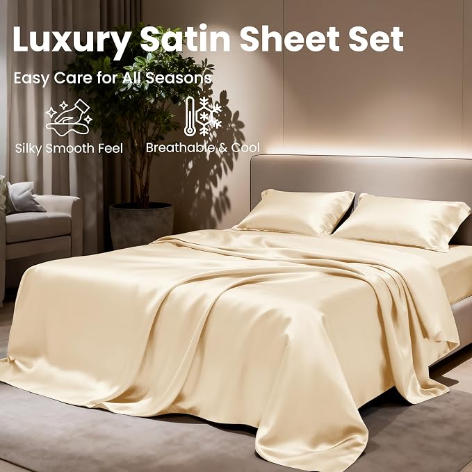 Love's cabin Satin Queen Sheets Set - 4 Piece Beige Silky Bed Sheets Set with Deep Pocket, Luxury Silk Feel Satin Queen Size Sheet Set (1 Flat Sheet,1 Fitted Sheet,2 Pillow Cases)
