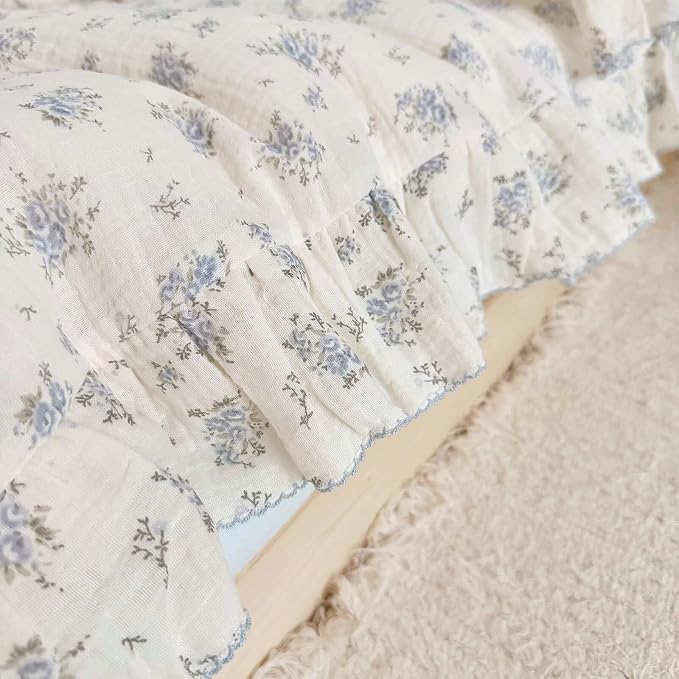 Cottage Chic Ruffled Duvet Cover Full, Blue Floral Quilt Cover 79"x90", 1 PC, Soft Muslin Cotton Comforter Cover Farmhouse Bedding Duvet Cover, No Comforter Insert/Pillowcase
