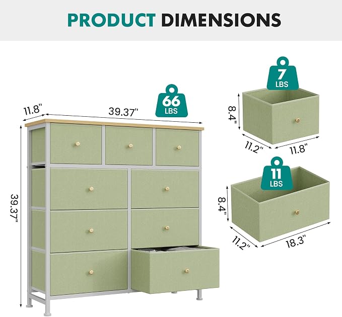 DUMOS 9 Drawer Dresser for Bedroom, Storage Organizer Chest of Drawers | Fabric Bins Storage Tower with Sturdy Metal Frame, Wood Tabletop for Closet, Light Green