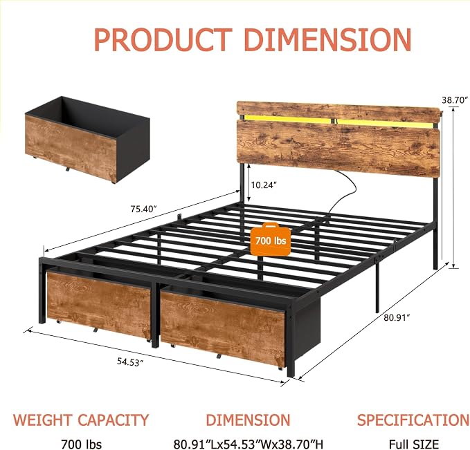 Forestell Full Size Bed Frame with Wood Headboard,2 Storage Drawers & Shelf | Built-in Charging Station & LED Lights, Metal Support, No Box Spring Needed, noise-free, easy assembly, Smart RGB, USB+Type-C