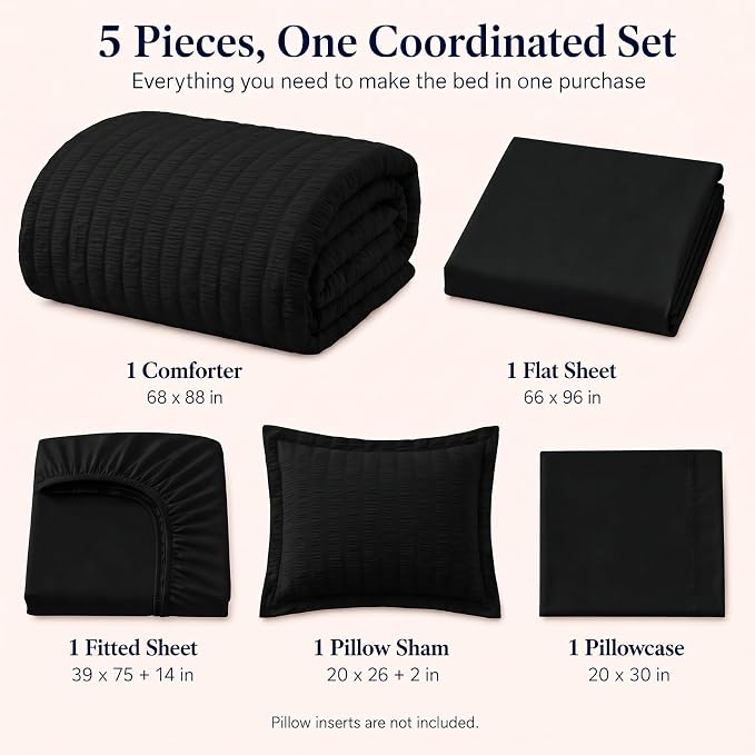 Twin Comforter Set, 5 Pieces Black Seersucker Bed in a Bag | OEKO-TEX Certified, All Season Bedding Sets with 240 GSM Down Alternative Comforter, Flat & Fitted Sheets, Pillowcase & Sham