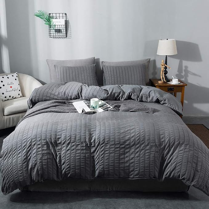 AveLom Dark Gray Seersucker Duvet Cover Set Twin Size (68 x 90 inches), 2 Pieces (1 Duvet Cover, 1 Pillow Cases), Soft Washed Microfiber Textured Duvet Cover with Zipper Closure, Corner Ties