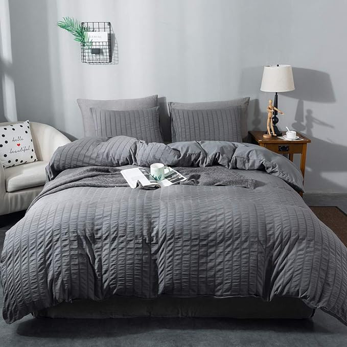 AveLom Gray Duvet Cover Queen Size, Textured Seersucker Duvet Cover Set, Soft Washed Microfiber with Zipper Closure and Corner Ties, 3 Pieces, 90" x 90" Duvet Cover & 2 Pillowcases